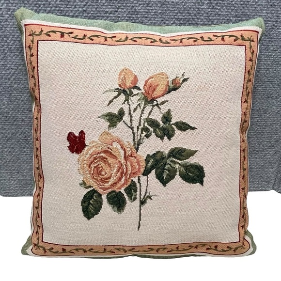 Pair of Vintage Rose Double-Sided Tapestry Pillows 13” x 13.5” - Picture 4 of 11